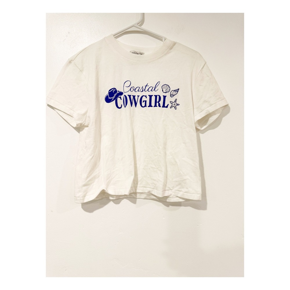 Wildfox Coastal Cowgirl Graphic Tee White Blue XS Short Sleeve Crop Top